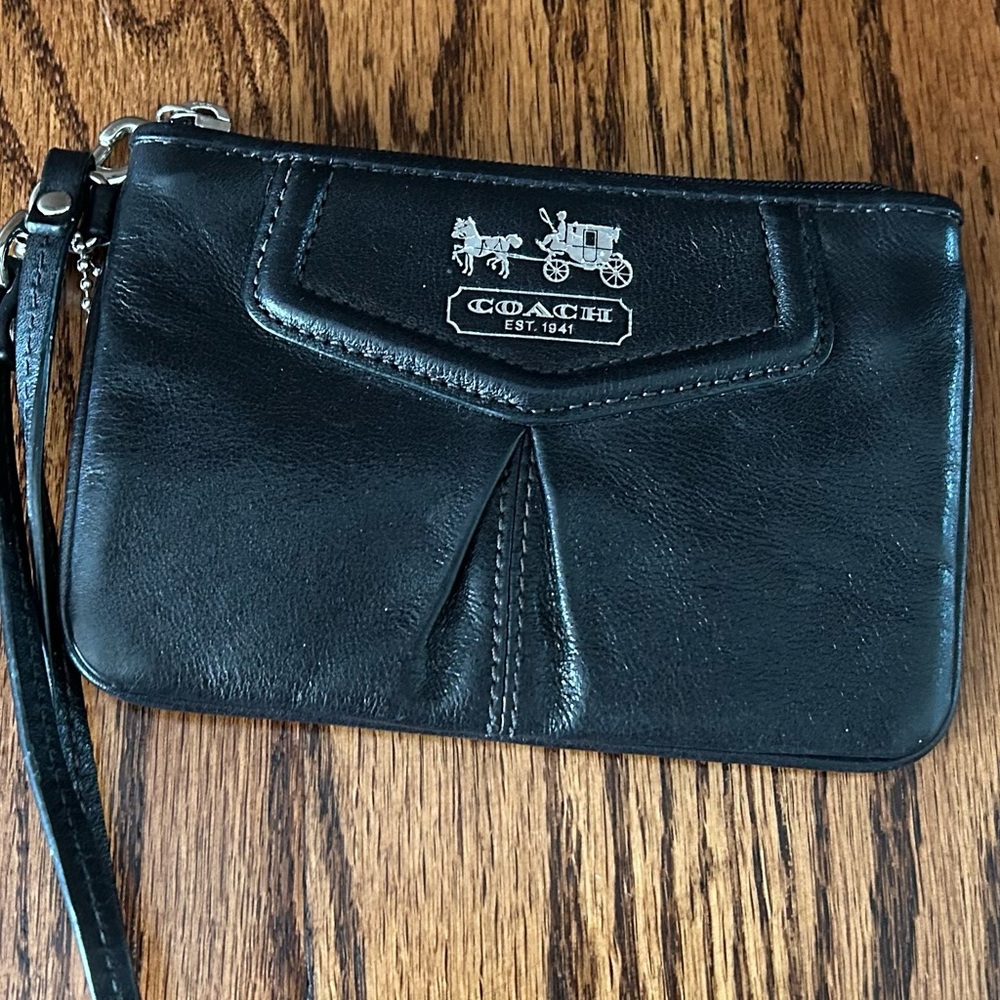 Coach Black Leather Wristlet with Silver Accents